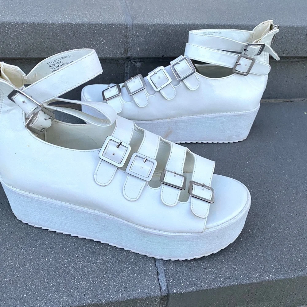 YRU Chunky Platform SANDALS strappy white buckles wedges Heels Y2K 90s Mirage 10